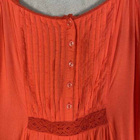 Old Navy Coral Orange Midi Dress w/ Slip M Pintuck Pleat Embroidery Boho Peasant - Picture 4 of 16